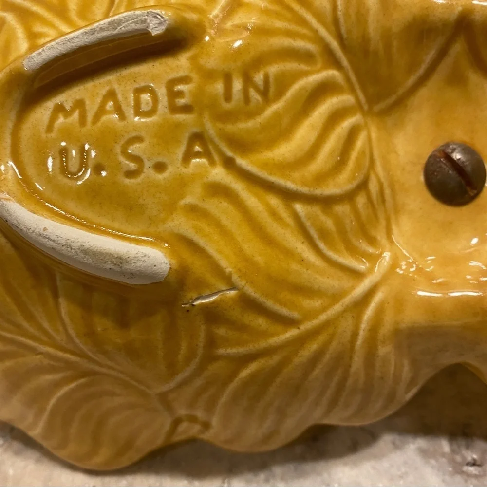 Vintage Retro USA pottery‎ two sided tray serving dish trinket yellow leaf gold